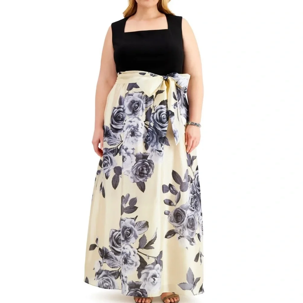 Women’s Formal Dress Plus Size 18W R&M RICHARDS Fit + Flare Gold Black Tie Waist